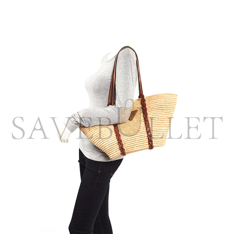 PRADA BEIGE BROWN RAFFIA LEATHER BASKET TOTE BAG (48*27*17cm) 